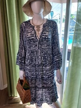 NY Collection @ Macy's Boho Navy and White Printed Rayon Peasant Dress. 2X.